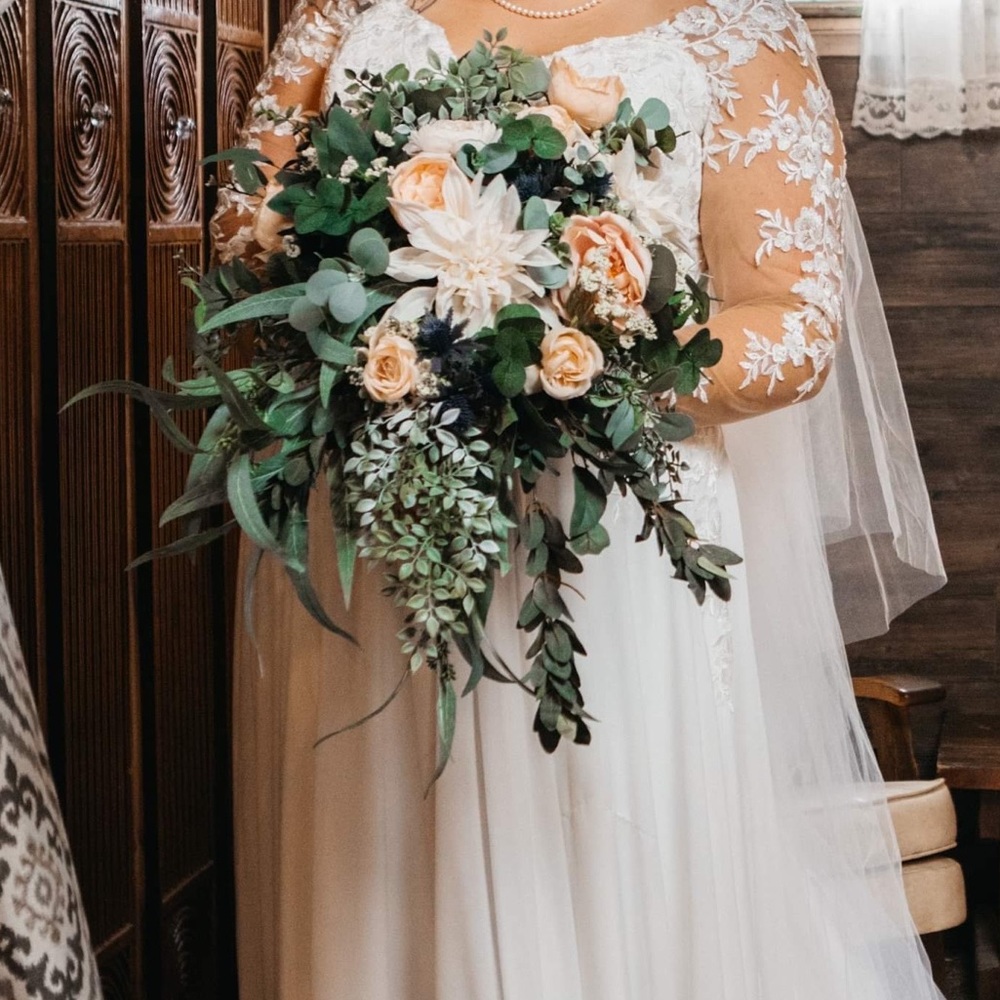 Silk Wedding Bouquet- Neutral tones, 2 different Eucalyptus and Navy accent